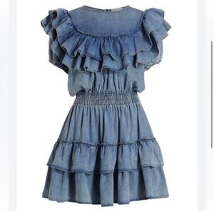 Stellah Washed Denim Ruffle Tiered Puff Sleeve Western‎ Mini Dress Sz S
